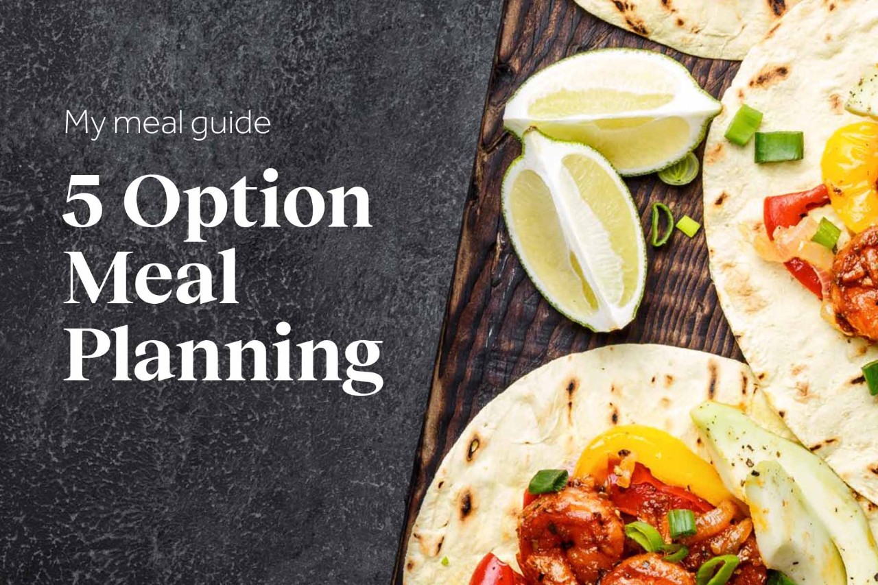 A graphic titled "My meal guide 5 Option Meal Planning," featuring two tortillas filled with colorful ingredients, including shrimp, bell peppers, and green onions.