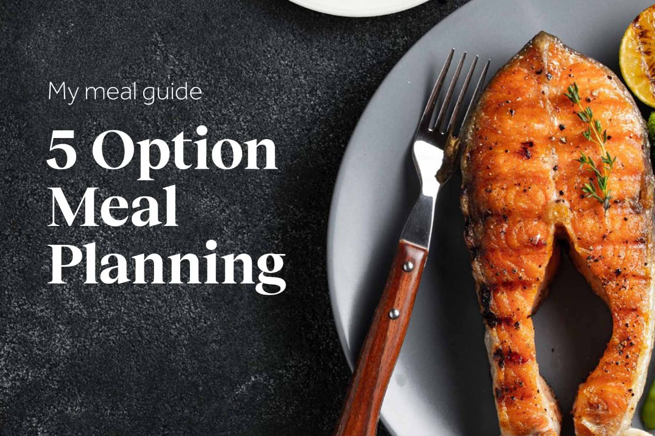 A graphic titled "My meal guide 5 Option Meal Planning," featuring a perfectly cooked salmon steak garnished with fresh thyme on a gray plate.