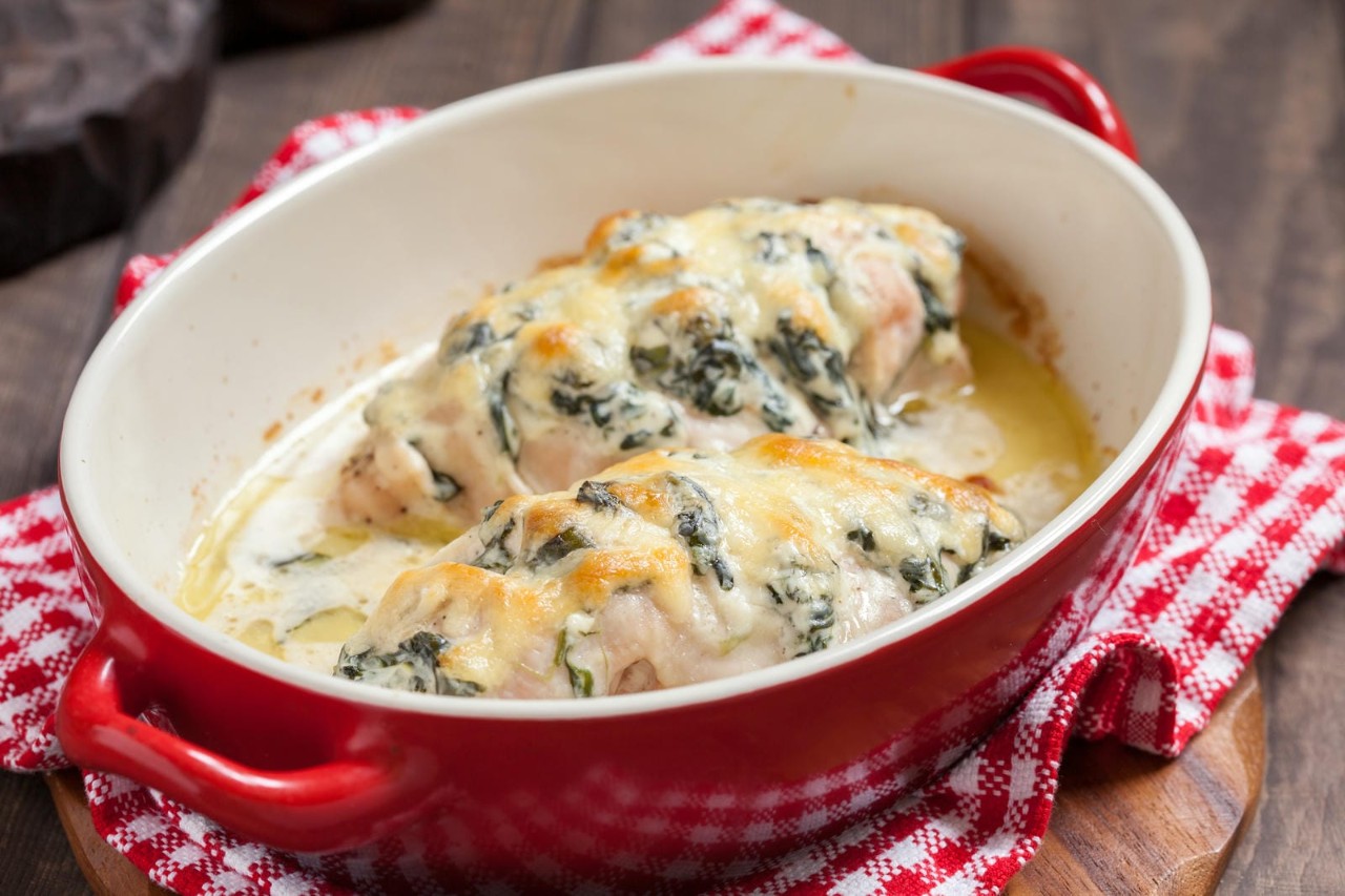 Roasted hasselback chicken breast stuffed with ricotta cheese and spinach. Low carb diet