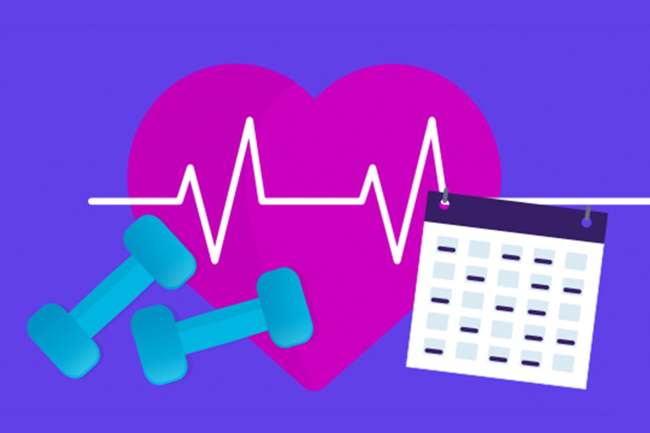 A vibrant graphic featuring a heart symbol with a heartbeat line running through it, set against a dark purple background
