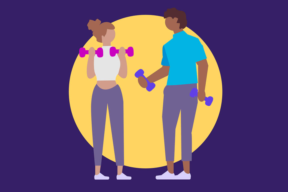 An illustration of a woman and a man engaging in a workout.