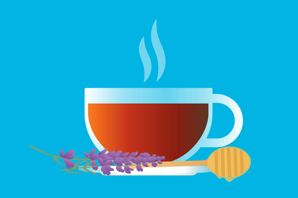 An illustration of a steaming cup of tea placed against a bright blue background.