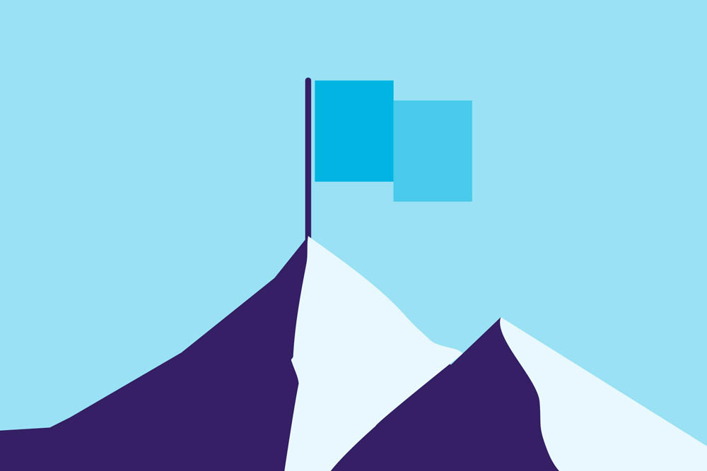 A minimalistic illustration of a mountain peak with a flag at the summit. 