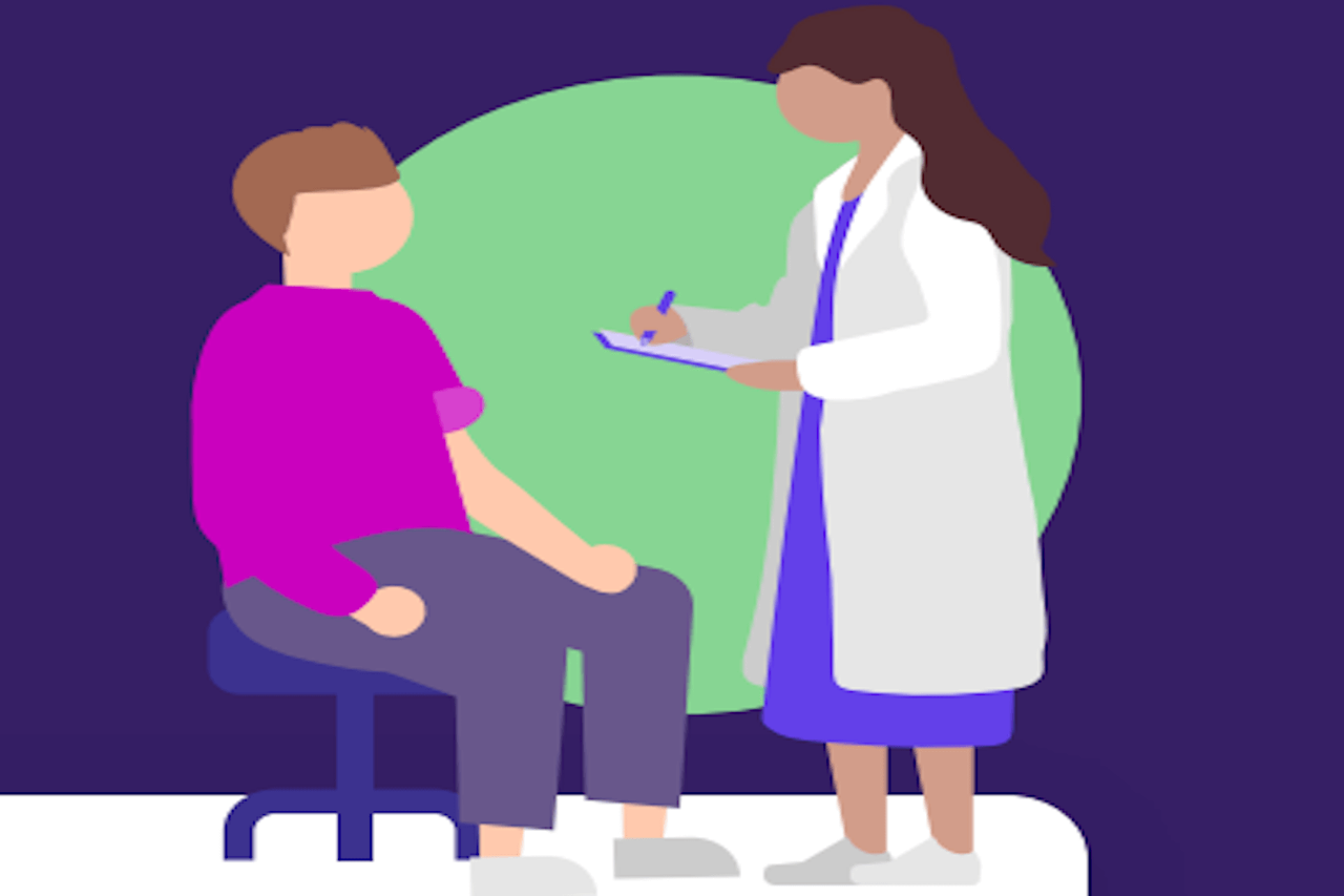  An illustration depicting a healthcare professional in a white lab coat interacting with a patient seated on a chair