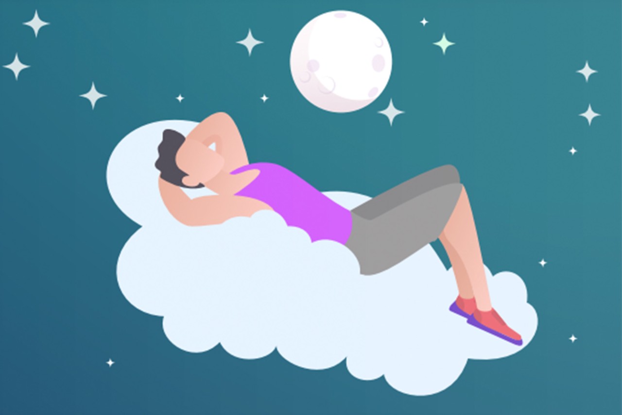 An illustration of a person lounging on a fluffy cloud under a night sky filled with stars and a full moon. 