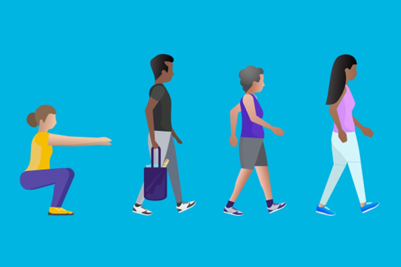 An illustration depicting a sequence of four fitness activities against a bright blue background