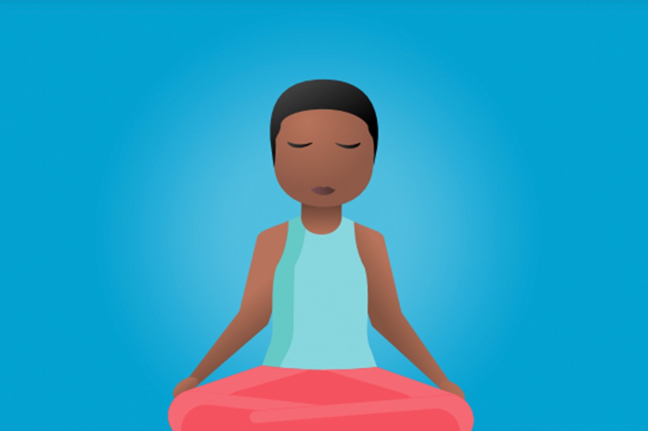 An illustration of a person meditating in a seated position against a bright blue background.