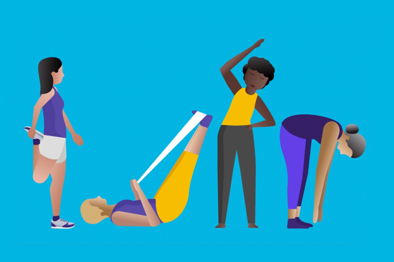 An illustration depicting a group of four individuals engaged in various stretching and exercise activities against a bright blue background