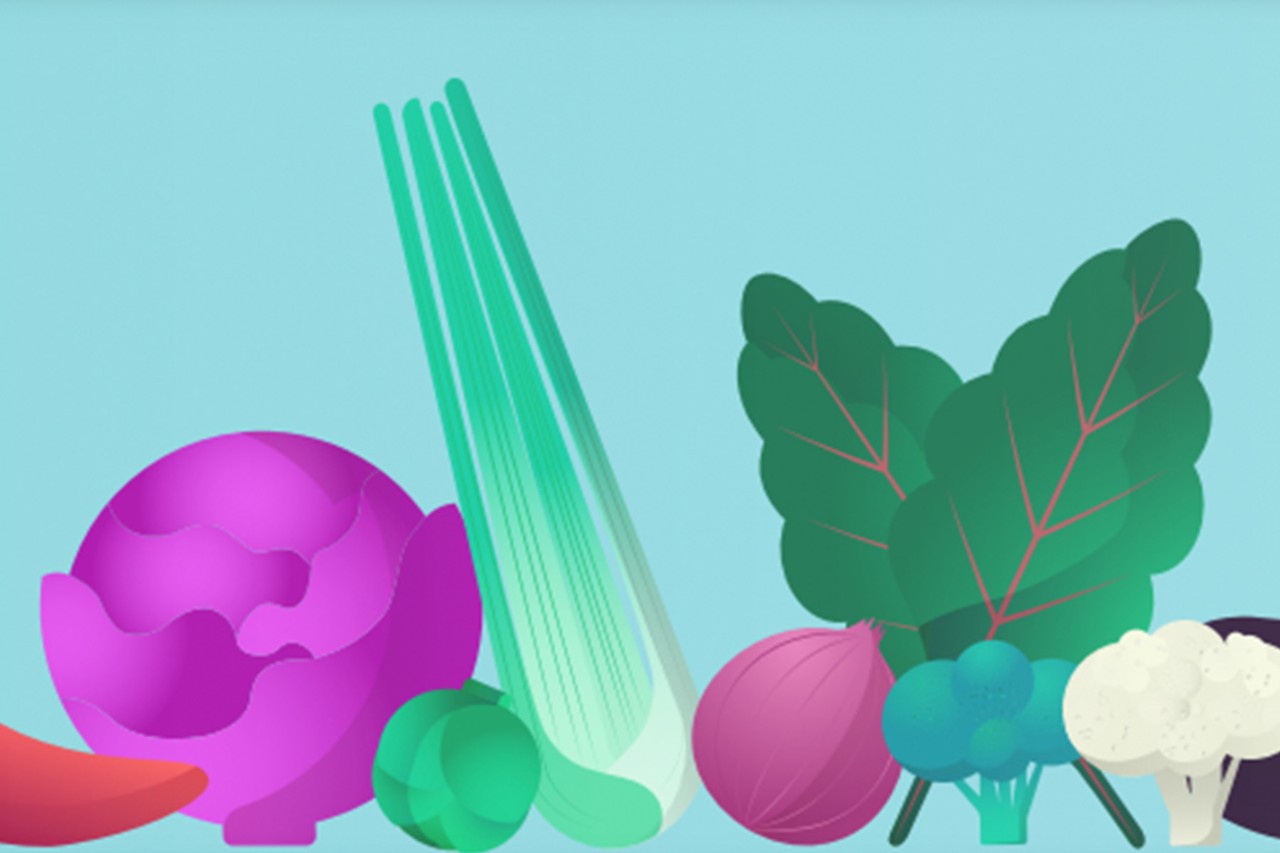 An illustration of various colorful vegetables arranged against a light blue background.