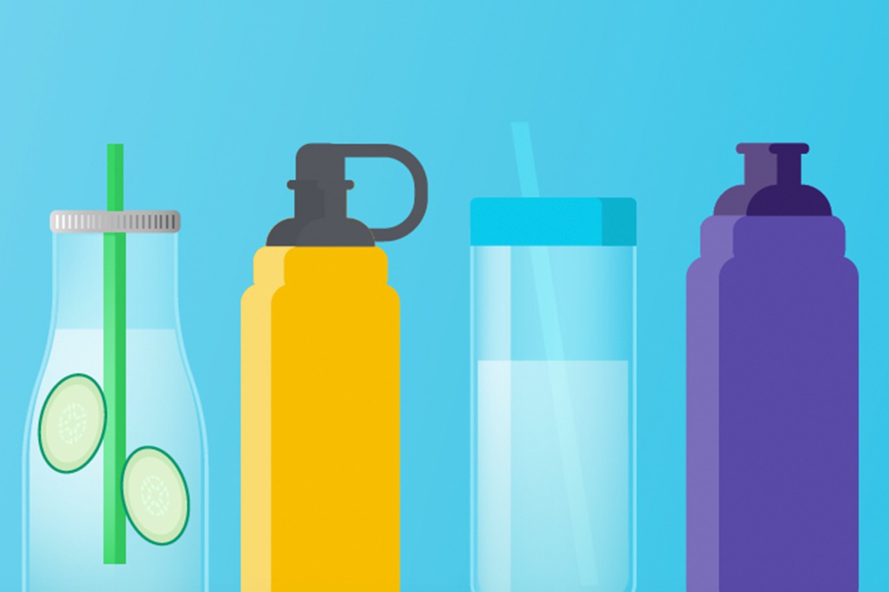 An illustration of four different drink containers arranged against a light blue background.