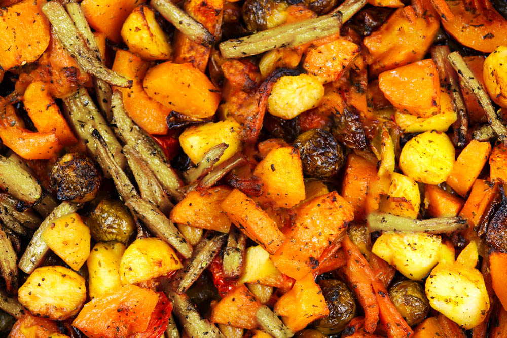 Baked in oven mix of vegetables. view from top.