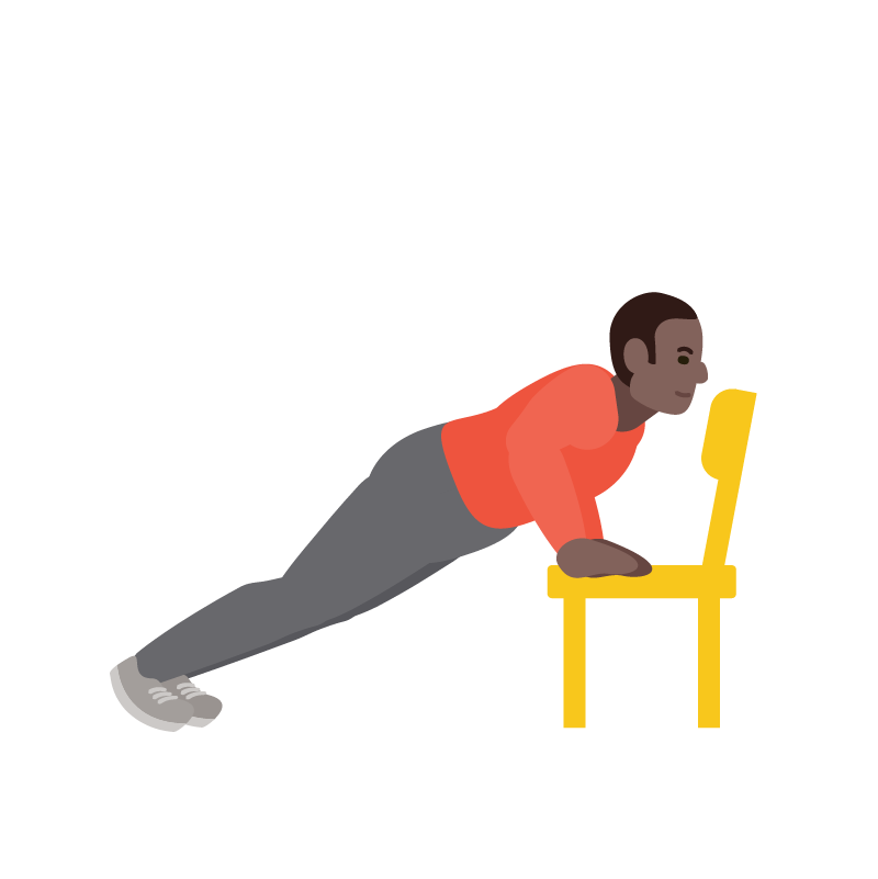 Illustration of a man doing a push up raised on a yellow chair.