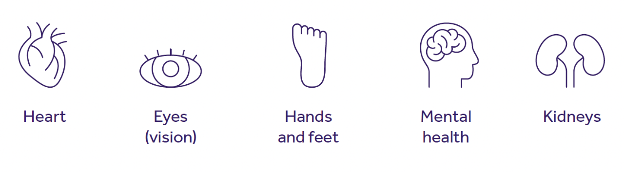 Icons representing heart, eyes, hands and feet, mental health, and kidneys in a simple line art style with corresponding labels.