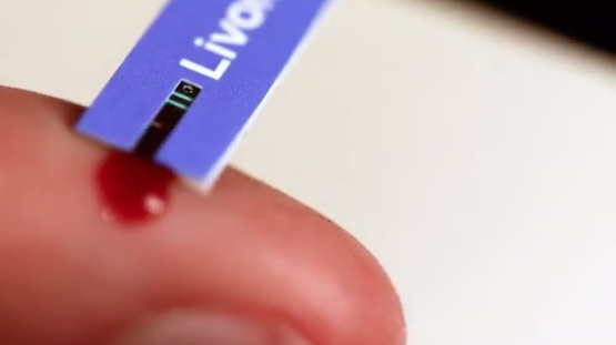 Close-up of a blood glucose test strip collecting a drop of blood from a fingertip.