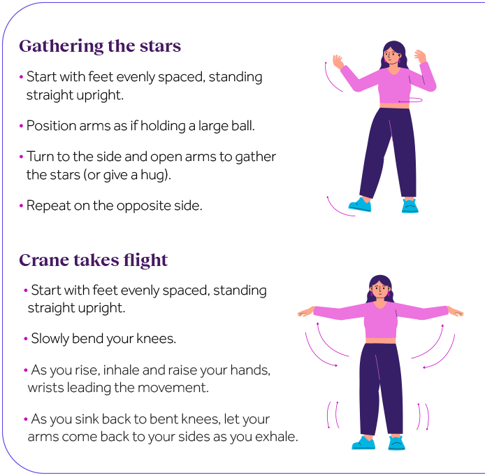 Illustration of a person demonstrating two exercises: Gathering the Stars and Crane Takes Flight, with step-by-step instructions beside each.