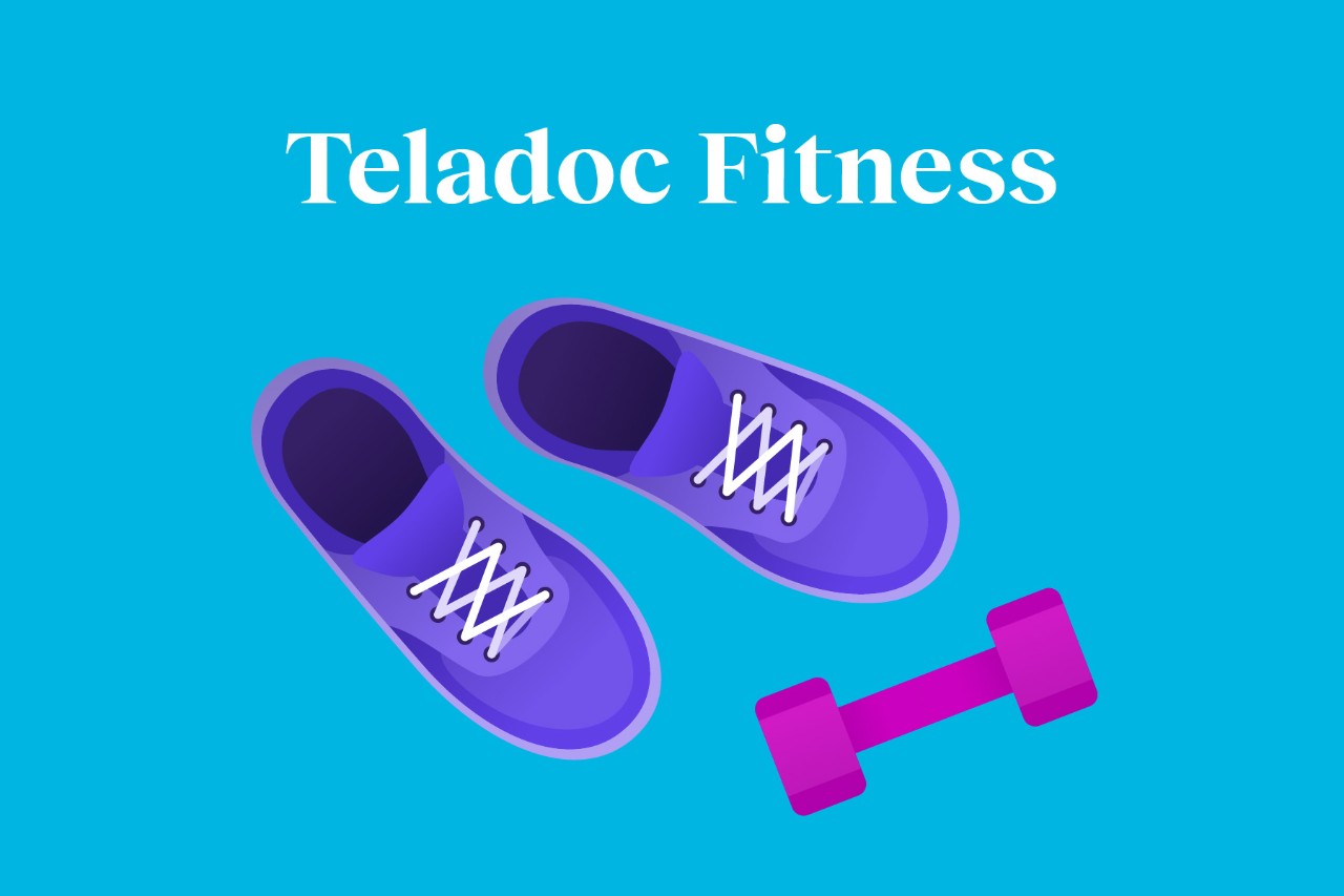 Illustration of purple sneakers, a pink dumbbell on a teal background, and the text Teladoc Fitness above