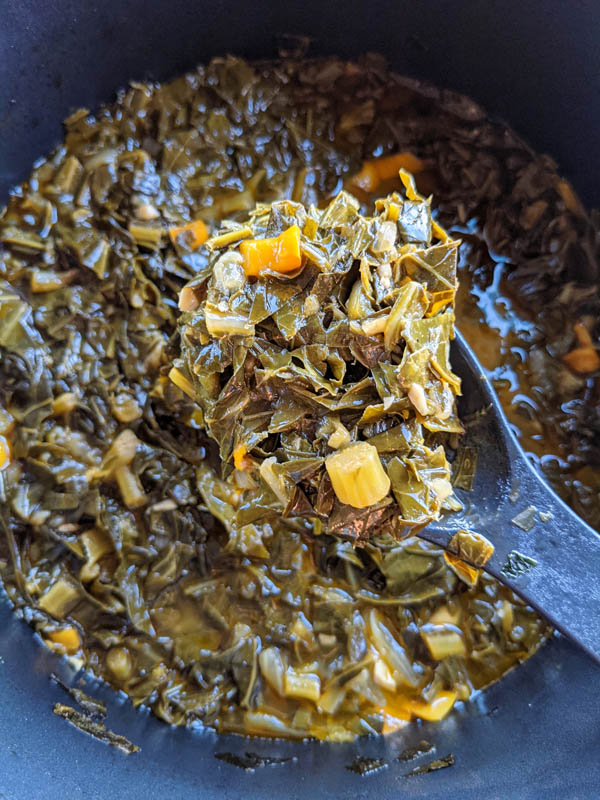 Overhead image of a pot of collard greens