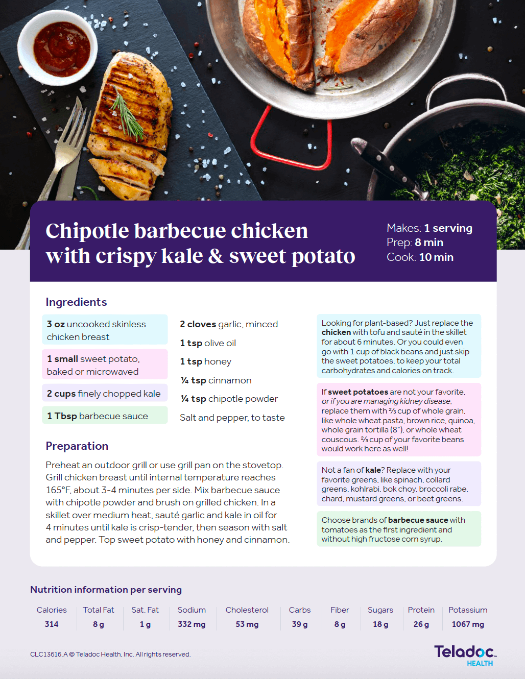 Chipotle barbecue chicken with crispy kale & sweet potato