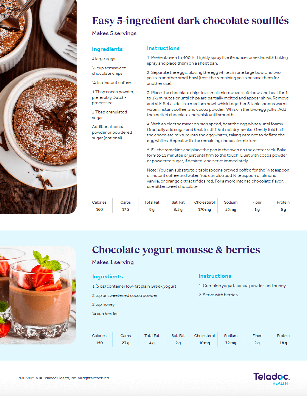 Recipe page with instructions for Easy 5-ingredient dark chocolate soufflées and Chocolate yogurt mousse & berries, including images and nutritional info.