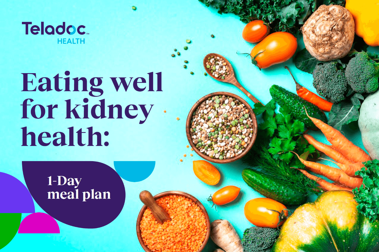 A colorful display of fresh vegetables, grains, and lentils promoting a kidney health meal plan.