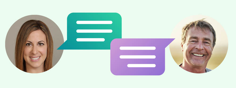 Two profile photos of smiling people with illustrated speech bubbles between them, indicating a conversation.