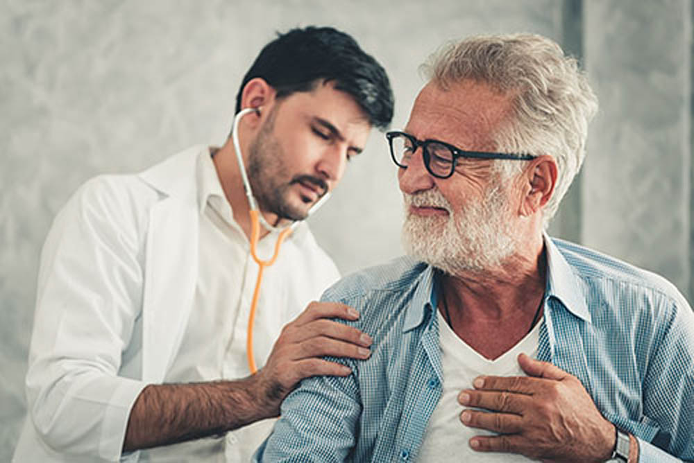 Portrait of doctor is examining physical symptom of senior patient in examination room., Healthcare and occupational concept.