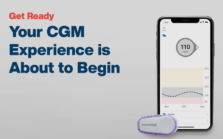 Smartphone displaying CGM app with text 'Your CGM Experience is About to Begin' and a CGM sensor device