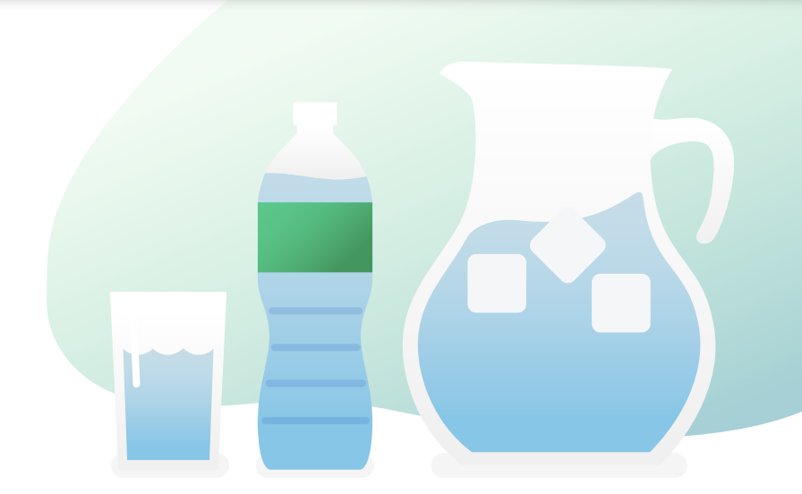 Illustration of a glass, a water bottle, and a pitcher containing water and ice cubes, set against a light green background.