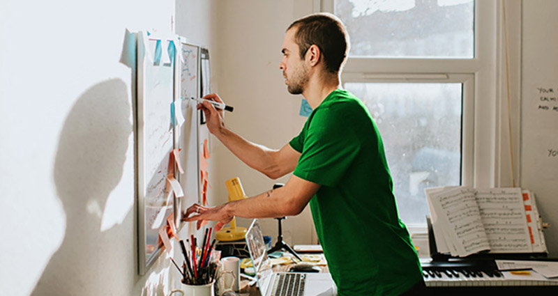 Man in a green shirt writing on a whiteboard filled with notes and reminders in a well-lit home office