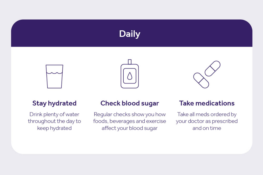 Daily health tips: stay hydrated, check blood sugar, and take medications on time.
