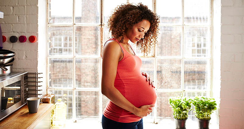 A pregnant woman in a bright kitchen, gently cradling her belly while standing near a sunlit window with potted plants on the sill.