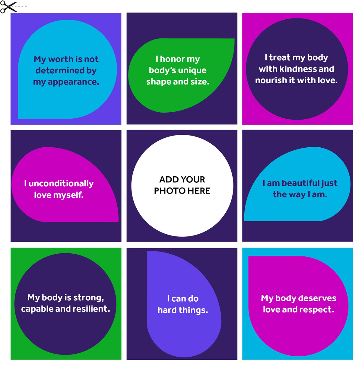 A colorful grid with motivational self-love phrases, including spaces for personalization, emphasizing body positivity and self-worth.