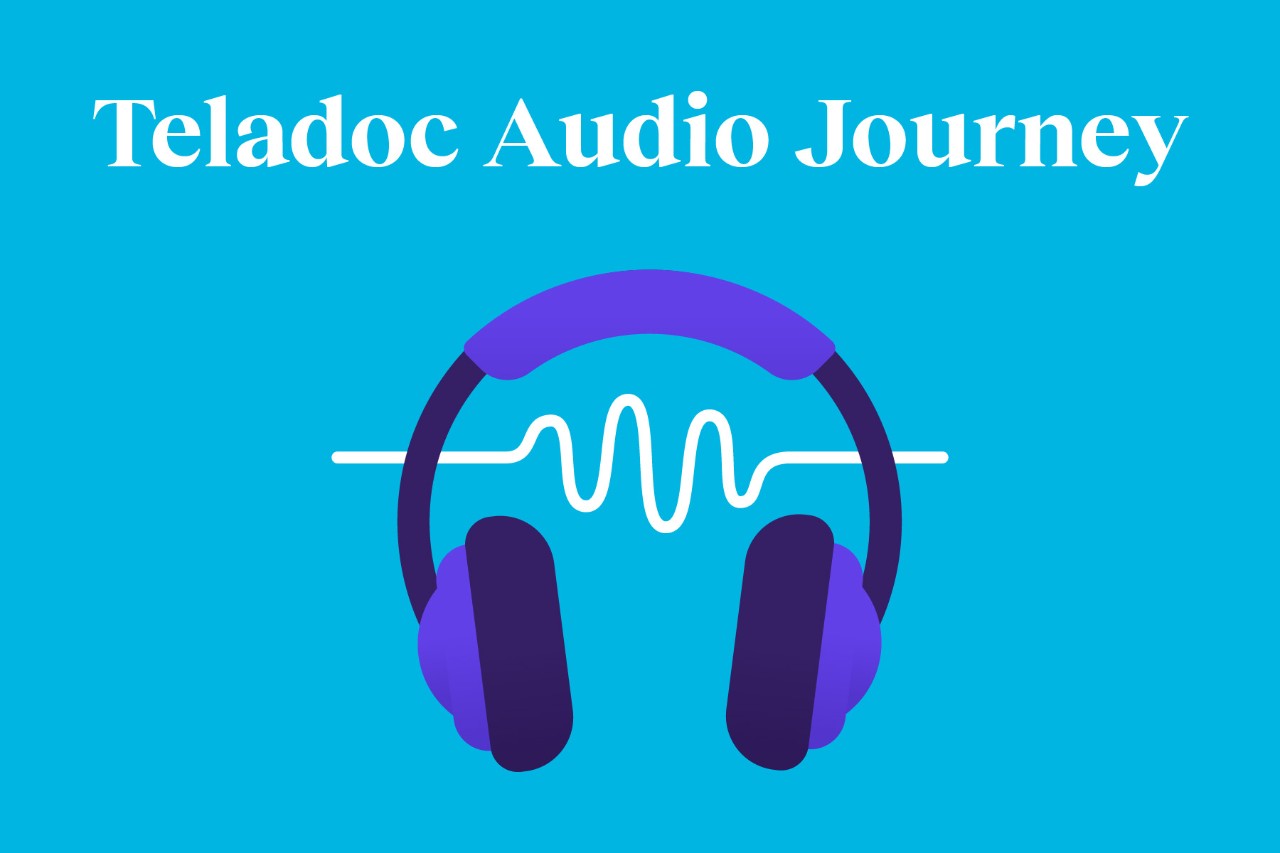 Teladoc Audio Journey graphic with headphones and sound wave on blue background