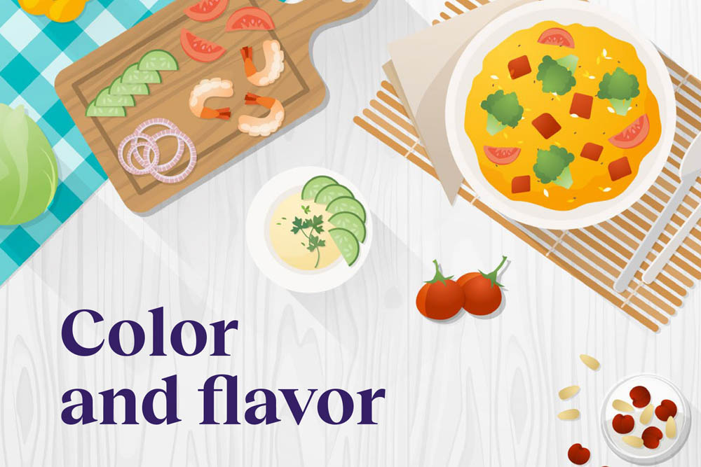 An illustrated top-down view of a colorful meal with fresh ingredients and text that reads "Color and flavor."