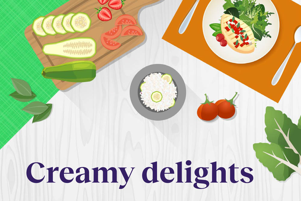 An illustrated meal with fresh ingredients, a cutting board with sliced vegetables, and text that reads "Creamy delights."