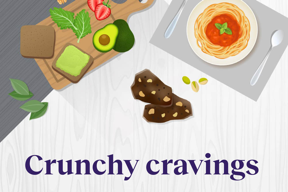 An illustrated meal with avocado toast, pasta, chocolate, and text that reads "Crunchy cravings."