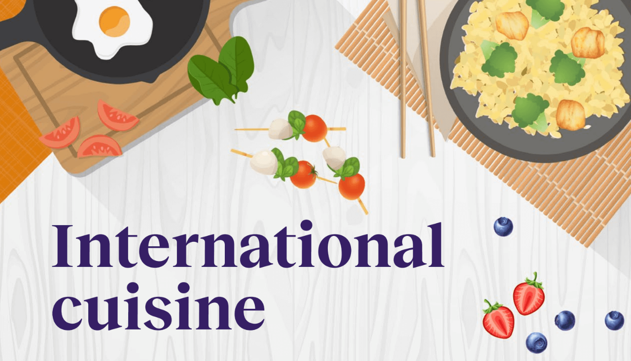 Illustration of international cuisine with fried egg, salad, tomato skewers, rice dish, and scattered berries, with International cuisine text.