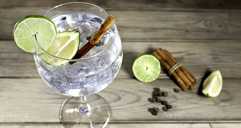 Nonalcoholic gin and tonic in a large wine glass with ice cubes and lime/herbal garnishes, sitting on a wooden table 
