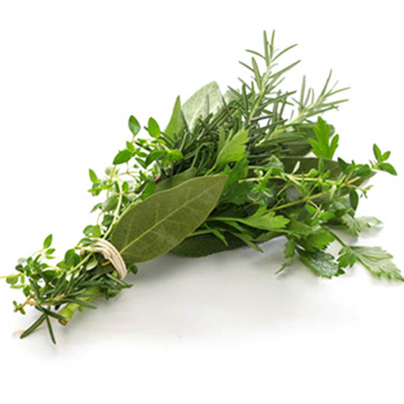 A bundle of fresh herbs, including rosemary, bay leaves, and various green leafy herbs, tied together with a string, resting on a white surface.