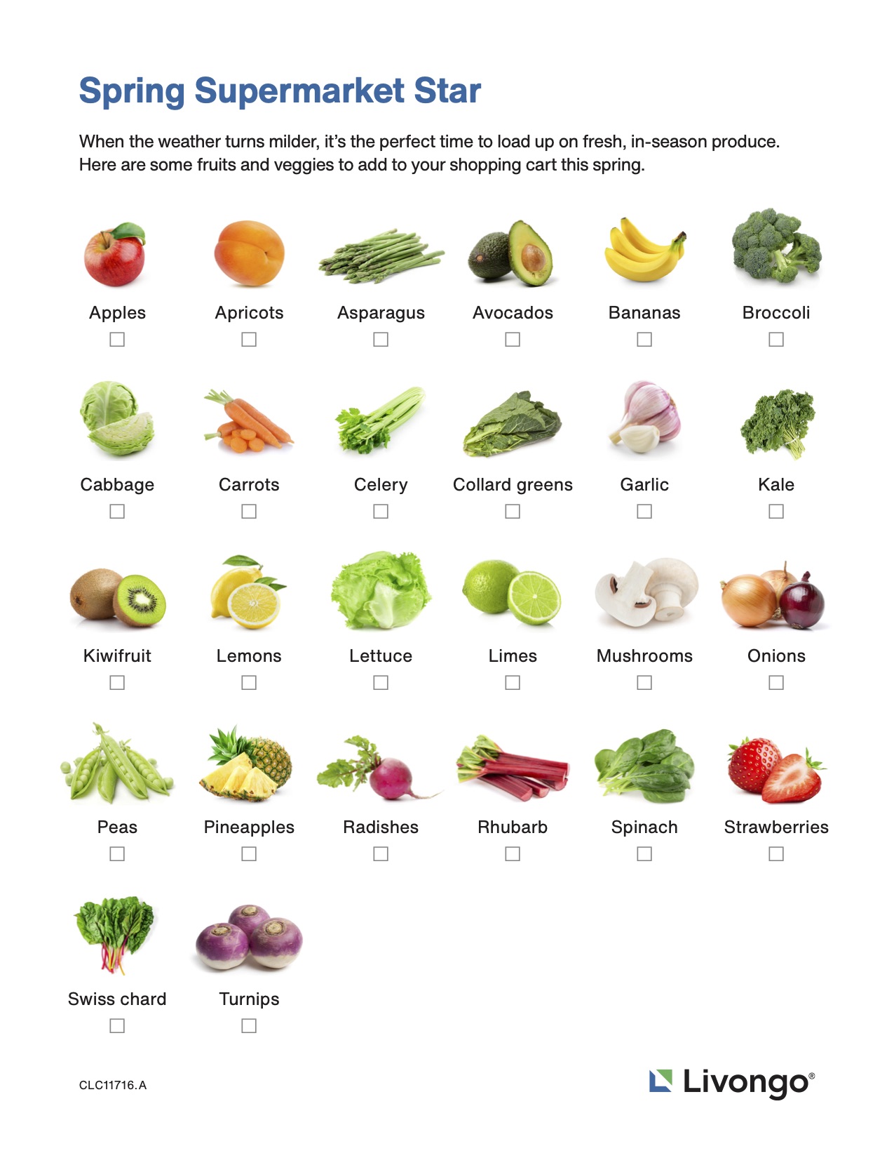 A grid of assorted spring fruits and vegetables with checkboxes. Includes apples, avocados, broccoli, carrots, lemons, and strawberries.