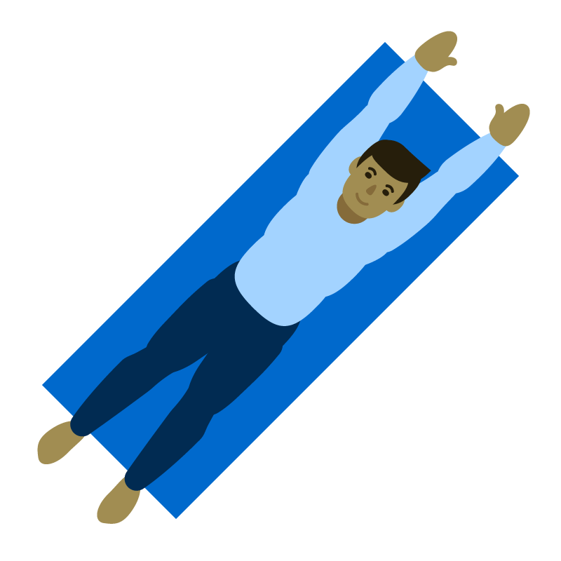Illustration of a person lying on a blue mat, wearing a light blue shirt and dark pants, with arms extended above the head.
