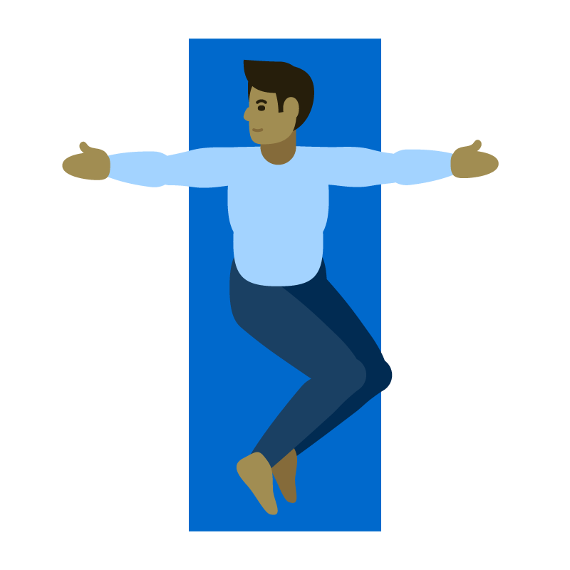 Illustration of a person lying on their back with arms wide open and legs crossed on a blue yoga mat. 