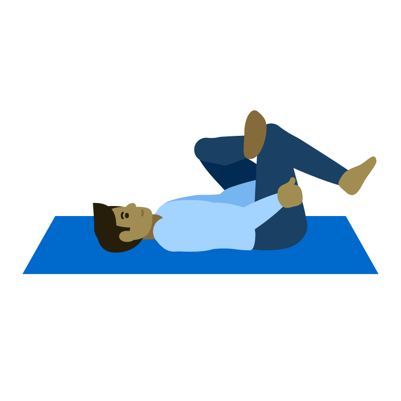 Illustration of a man laying on his back on a blue yoga mat, stretching with one ankle resting on the other leg's knee.