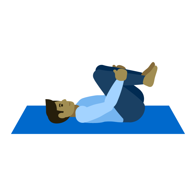 Illustration of a man laying on his back on a blue yoga mat, holding both knees to his chest in a stretch.