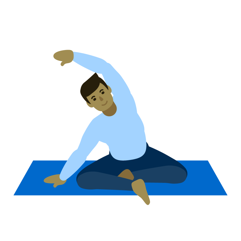 Illustration of a person sitting cross-legged on a blue mat, doing a side stretch with one arm overhead.