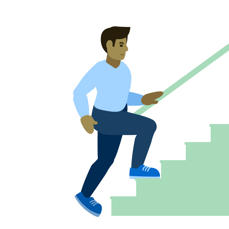 Illustration of a person wearing a blue shirt and pants, climbing light green stairs while holding the handrail.