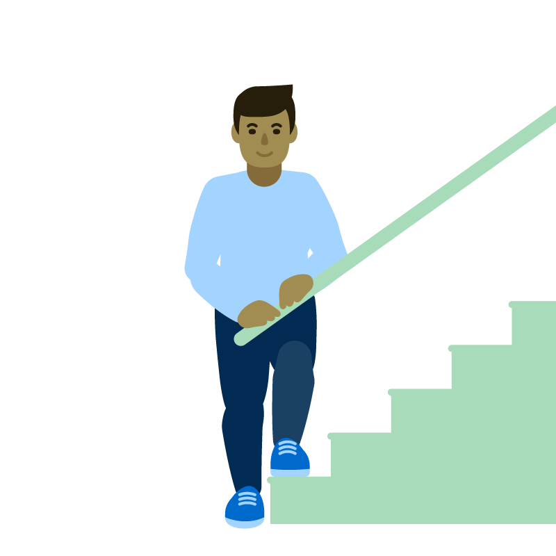 Illustration of a person in a blue shirt and pants walking down a flight of stairs while holding the handrail.