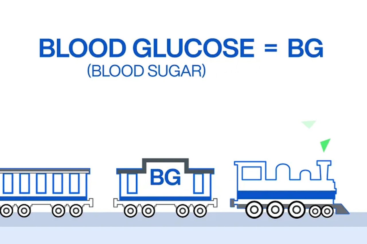 Illustration of a train labeled 'BG' representing blood glucose, with the text 'Blood Glucose = BG (Blood Sugar)