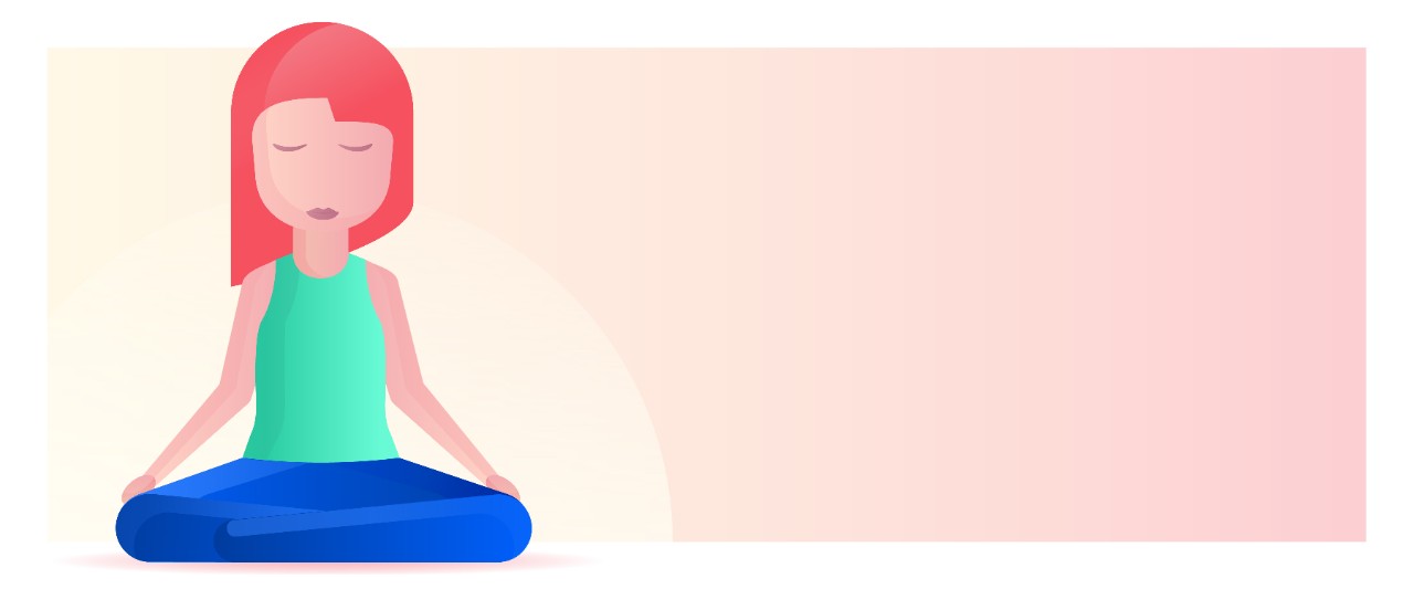 A digital illustration of a person with pink hair sitting cross-legged in a meditative pose.