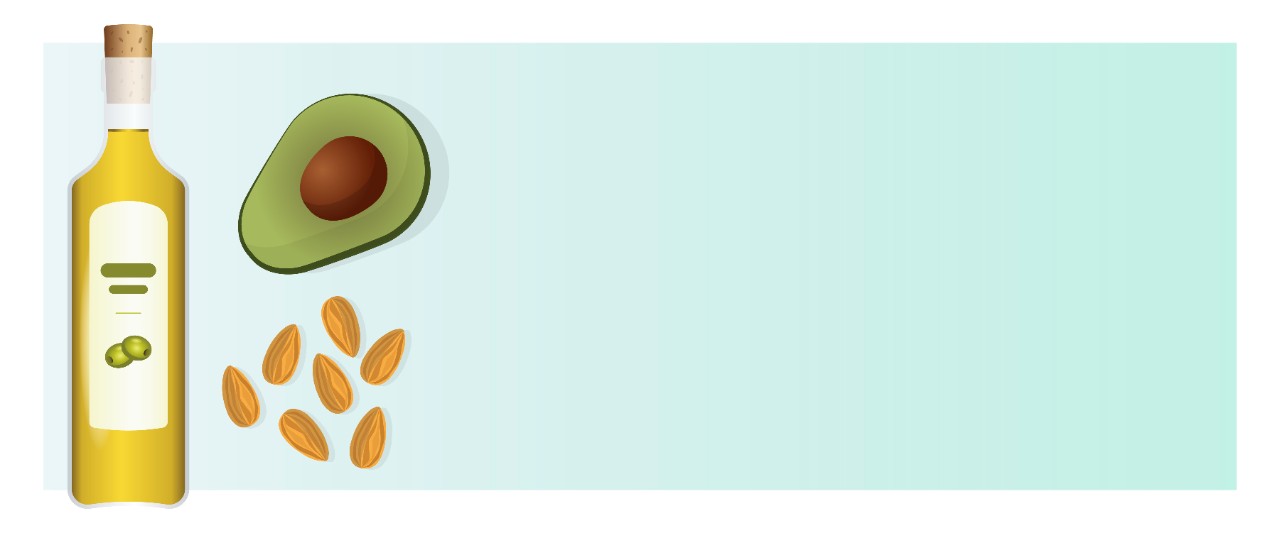 An illustration featuring a bottle of olive oil, an avocado, and several almonds arranged on a light blue background.